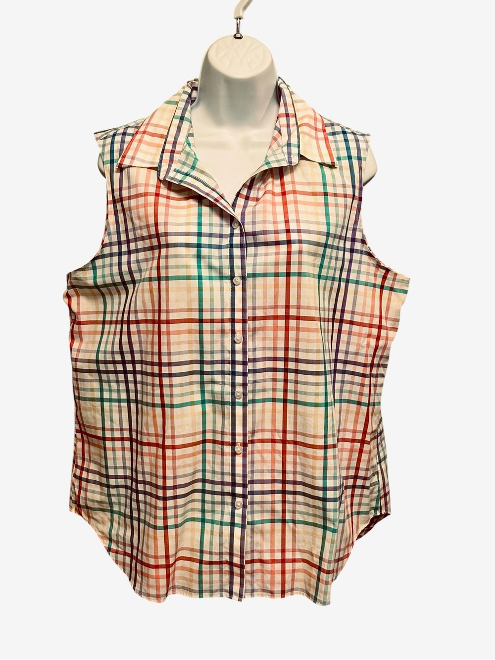 Lands' End Supima Cotton No Iron Plaid Sleeveless Blouse Size 16